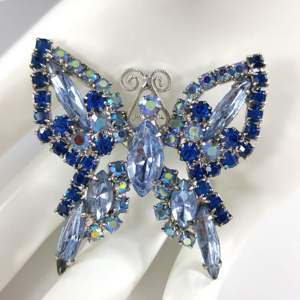 Vintage Blue Butterfly Brooch AB Rhinestones Rhodium Plated Weiss Style